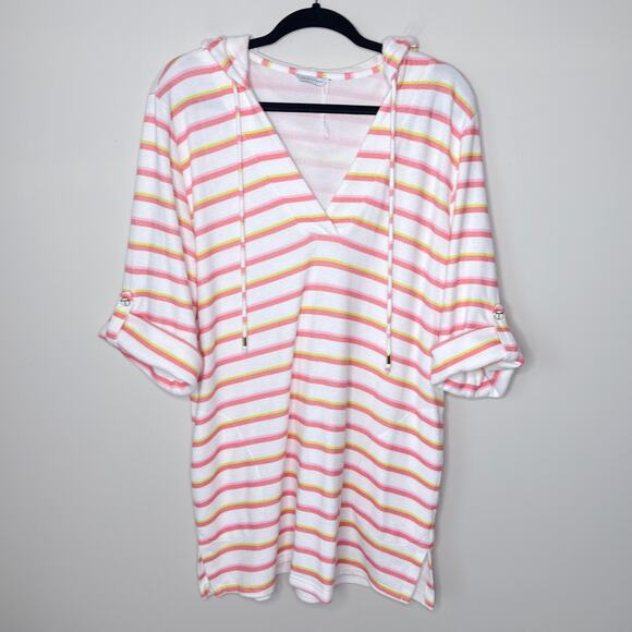 Trina Turk Costa De Prata Hooded Terry Tunic Coverup Large Roll Tab Beach Resort - Picture 2 of 11